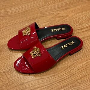 Versace Glossy Red Sandals with Gold Medusa